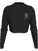 Remera cropped negra de manga larga con cuello redondo y logo de Calvin Klein Jeans estampado en el pecho.