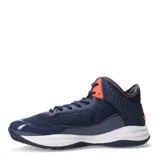 Championes de básquetbol Topper modelo Basket Block, de caña media, color azul marino con detalles en naranja coral y suela blanca. Presentan un diseño con textura de panal en los laterales y refuerzos de charol sintético.