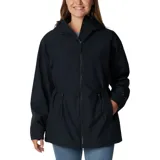 Campera impermeable Columbia modelo Blossom Park, color negro, con tecnología Omni-Tech, capucha integrada, cierre frontal completo y cintura ajustable con cordón.