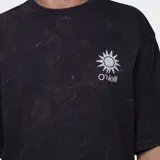 Remera de algodón color beige con efecto lavado, de corte holgado y manga corta. Presenta un pequeño logo estampado en el pecho con diseño de sol y el nombre de la marca.