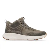 Bota de senderismo Columbia modelo Konos TRS OutDry Mid, color beige con detalles en marrón oscuro y suela blanca. Diseño de altura media con tecnología impermeable y transpirable, confeccionada en malla técnica con refuerzos sintéticos y sistema de ajuste Navic Fit.