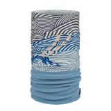 Cuello polar multifuncional Buff, con diseño combinado de estampado geométrico de líneas en tonos azules y blancos en la parte superior y forro polar liso en color azul en la parte inferior.