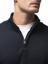 Sweater de tejido de punto con textura tipo waffle, color azul marino, con cuello alto y cierre frontal parcial. Cuenta con puños y ruedo acanalados.