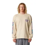 Remera de manga larga color beige, con cuello redondo y puños acanalados. Presenta un estampado gráfico con el logo de la marca en el pecho y a lo largo de ambas mangas en tonos azul y rojo.