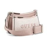 Cartera bandolera Guess modelo Holly, de diseño estructurado en tono rosado con monograma de la marca impreso. Presenta un compartimento principal con cierre, herrajes metálicos plateados y correa ajustable de tela grabada con el logotipo. Incluye además un estuche frontal desmontable con cierre.