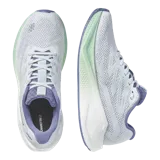 Championes de running Salomon Aero Blaze 4, color blanco con detalles en lila y verde menta. Incorporan parte superior de malla técnica transpirable, entresuela acolchada optiFOAM² y suela de gran tracción.