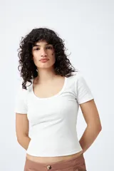 Remera blanca de punto acanalado con escote redondo amplio y mangas cortas.