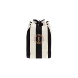 Mochila tipo saco Saint Laurent modelo Rive Gauche con diseño de rayas verticales negras y blancas, cierre de cordón ajustable y bordado circular dorado con el logo YSL.