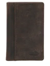 Billetera bifold de cuero natural color marrón, con diseño minimalista y logo de la marca grabado en la parte inferior. Cuenta con seis ranuras para tarjetas y tecnología de protección RFID.