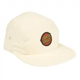 Gorro tipo five panel color blanco, con parche circular frontal que presenta el logo de Santa Cruz en rojo y amarillo. Diseño de visera plana y estructura de cinco paneles.