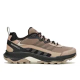 Sneaker Merrell Speed Strike 2 color marrón y negro, con detalles en beige y blanco. Cuenta con parte superior sintética y de malla, cordones y correas 100% reciclados, cuello acolchado, talón y puntera sintéticos protectores, y suela de goma adherente Merrell.