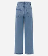 Pantalón de jean corte recto con cintura con trabillas, cierre de botón y cremallera, y bolsillos funcionales en frente y espalda.