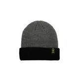 Gorro beanie de lana bicolor, con cuerpo gris melange y vuelta inferior en color negro. Cuenta con una pequeña etiqueta bordada con el logo de Creature en verde flúor en el frente.