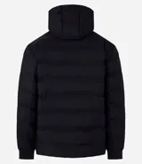 Campera puffer deportiva Get Over, color negro, con capucha, cierre frontal por cremallera y puños elásticos. Diseño acolchado sin costuras visibles.