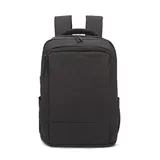 Mochila urbana de diseño minimalista en color negro, con compartimento principal con cierre, bolsillo frontal y correas ajustables acolchadas.