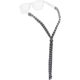 Sujeta lentes de tela de algodón con diseño de rayas horizontales en tonos gris y negro. Cuenta con un regulador plástico negro para ajustar el largo y terminales para sujetar a las patillas de los anteojos.
