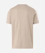 Remera de algodón peruano color beige con textura de rayas verticales, cuello redondo y mangas cortas.