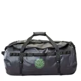 Bolso de viaje Rip Curl modelo Surf Series de 60 litros, color negro con costuras y logo circular verde en el frente. Cuenta con asas de mano y correas de transporte ajustables.