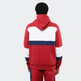 Canguro con capucha de la marca Umbro, oficial del Club Nacional de Football. Presenta un diseño tricolor con bloques en rojo, blanco y azul, bolsillo frontal tipo canguro y cordones ajustables en la capucha.