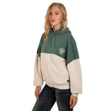 Canguro con capucha y cordones ajustables, diseño bicolor con bloque superior en verde y bloque inferior en beige. Presenta un pequeño estampado circular en el pecho con motivos de sol y texto. Posee puños y ruedo acanalados.