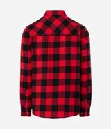 Camisa de franela a cuadros rojos y negros, de corte regular, manga larga y cuello inglés.