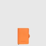 Billetera compacta marca Bubba, color naranja, con sistema de botón deslizante para tarjetas y compartimento interior.