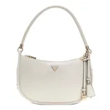 Cartera tipo hobo Guess modelo Danya, color blanco, con cierre superior, asa de hombro con textura y detalle de dije colgante con candado y logo de la marca.