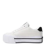 Championes Puma modelo Court Classic Vulc Platforma, de diseño urbano con suela de plataforma elevada. Presentan una capellada de lona blanca con la característica franja lateral de Puma en color negro, cordones al tono y logo de la marca en la lengüeta y el lateral.