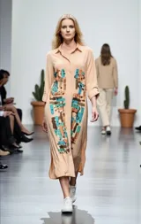 Vestido camisero midi color beige de corte recto, con mangas largas, cuello camisero y cierre frontal de botones. Presenta un diseño de arte abstracto pintado a mano en el frente en tonos turquesa, dorado y cobre.