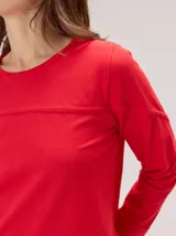 Remera de algodón con cuello redondo y manga larga. Presenta un diseño con costuras horizontales a la altura del pecho y costuras verticales en las mangas, brindando un detalle distintivo a la prenda.