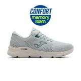 Championes deportivos Joma Degass Lady, color gris claro con detalles en verde agua. Capellada de malla transpirable con perforaciones VTS y sistema JOMA SPORTECH termosellado. Plantilla de espuma viscoelástica con base de EVA termoformada y suela de phylon ultraligera.