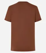 Remera tipo t-shirt de algodón, color beige claro, con cuello redondo y mangas cortas dobladas.