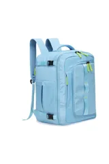 Mochila de viaje Trendy color azul claro, con cierres y detalles en verde neón. Cuenta con múltiples compartimentos, correas ajustables y hebillas de seguridad.