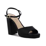 Sandalias Ramarim de taco alto y plataforma, color negro, con tira frontal ancha y tiras finas con hebilla ajustable al tobillo.