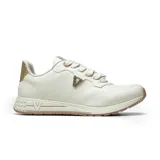 Champion deportivo Via Marte modelo Farah, color crema con detalles en dorado en el talón y logo lateral con aplique de piedras brillantes. Presenta cordones gruesos y suela de goma en tono contrastante.