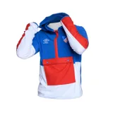 Canguro deportivo Umbro del Club Nacional de Football, con capucha, cierre parcial con cremallera, bolsillo tipo canguro con solapa y puños con orificio para el pulgar. Diseño en bloques de color azul, blanco y rojo.