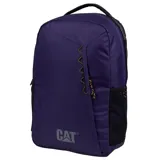 Mochila unisex color azul oscuro con logo reflectante de CAT en la parte inferior. Cuenta con un compartimento principal con bolsillo acolchado para portátil, bolsillo frontal con cremallera y cordón para llavero, y bolsillos laterales de malla. Las correas de los hombros y el panel trasero son acolchados.