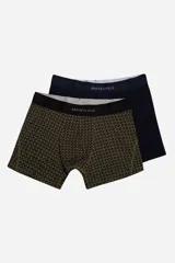 Pack de dos bóxers marca Brookshield, uno liso color azul marino y otro con estampado geométrico en tonos verde y negro. Ambos con cintura elástica con logo de la marca.