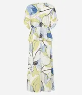 Vestido evasê midi de viscolino con estampado floral, escote en V cruzado, mangas cortas con lazos y corte en la cintura.