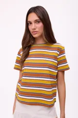 Remera de algodón a rayas horizontales en colores amarillo, marrón, blanco y azul.