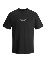 Remera negra de manga corta y cuello redondo con fit relajado. Presenta un estampado en relieve con el texto "Originals Studio" en el pecho.