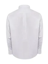 Camisa de manga larga RKF, modelo Cityscape, con estampado de cuadros finos en color lavanda sobre fondo blanco. Presenta cuello americano abotonado, bolsillo frontal con logo bordado y cierre de botones.