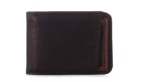 Billetera Freeway de cuero color marrón oscuro, con diseño clásico plegable y compartimentos internos.