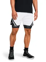 Short deportivo de malla Under Armour, modelo Curry, con diseño bicolor en blanco y negro, cintura elástica con cordón y bolsillos laterales con cierre.