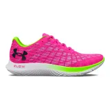 Championes de running Under Armour Flow Velociti, con parte superior Warp transpirable en color fucsia y detalles en verde neón. Presenta mediasuela Flow de una sola pieza para amortiguación reactiva y suela sin goma para mayor ligereza y tracción.