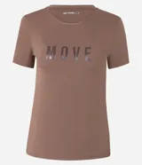 Remera deportiva marrón de poliamida con cuello redondo, mangas cortas y estampa "MOVE" en el pecho.