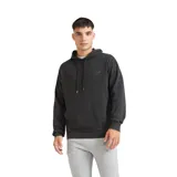 Buzo tipo canguro Quiksilver color negro con efecto lavado, capucha con cordones ajustables, bolsillo frontal tipo canguro y logo pequeño bordado en el pecho.