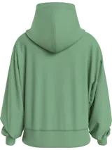 Buzo con capucha de felpa de algodón, color verde, con bolsillo tipo canguro frontal, puños y bajo de canalé, y logo de la marca estampado en el pecho.