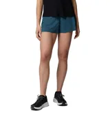 Short deportivo para correr de mujer, color azul, con cintura cómoda, slip elástico integrado y bolsillos, incluyendo uno de seguridad con cremallera.