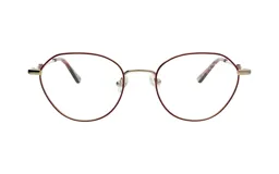 Armazón de anteojos Demenego 138/52 col GRED, de metal color rojo con forma ovalada y patillas con estampado floral.